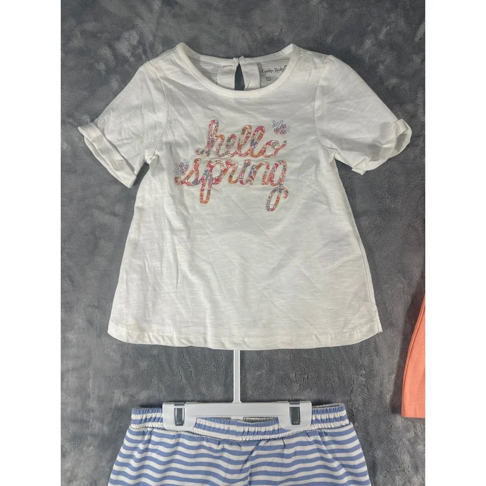 Cynthia Rowley Girls 3pc Outfit Set 5T Hello Spring Tee‎ Striped Skirt Coral Top